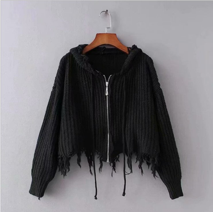 European And American Hooded Tassel Zipper Sweaters Coat