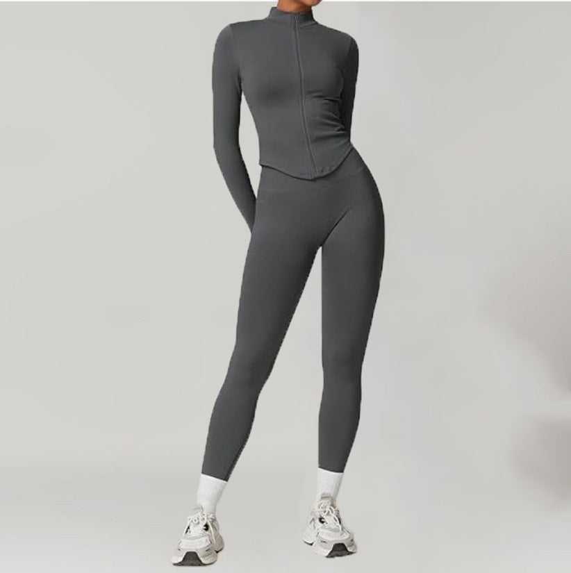 Dark gray Stand-up Collar Zip-up Long-sleeve Yoga Jacket Workout Set with matching sweatpants, ideal for fitness and athleisure wear.