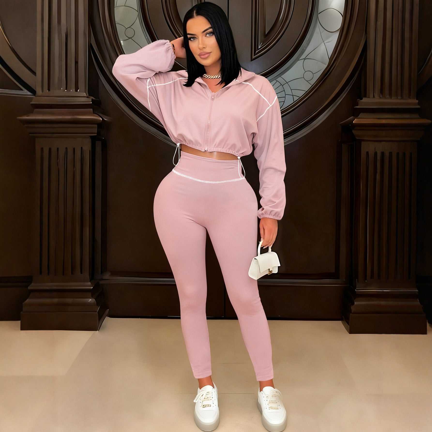 Solid-color Long-sleeve Zip-up Womens Slimming Two-piece Set