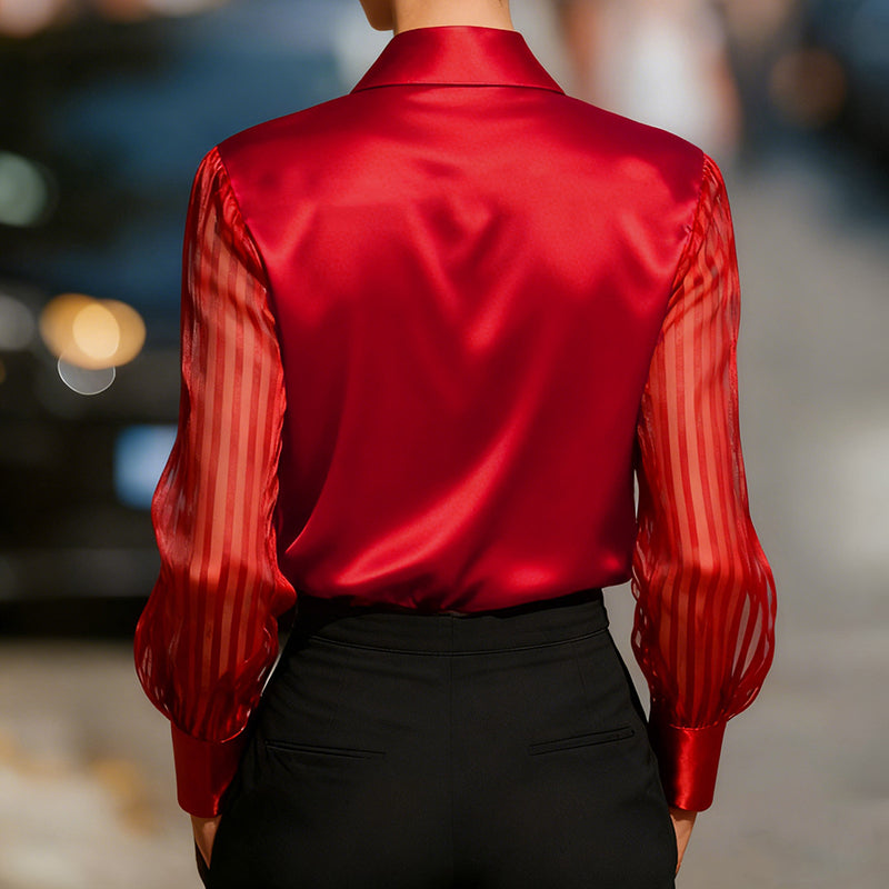 Elegant Women's Satin Blouse - Classic Lapel Collar, Sheer Long Sleeve, Button-Down Shirt With Smooth Flowy Design For Spring & Autumn Office Wear