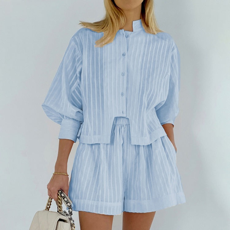 Cotton Striped Shirt O-Neck Lantern Sleeve Top Elastic Waist Shorts Female Sets