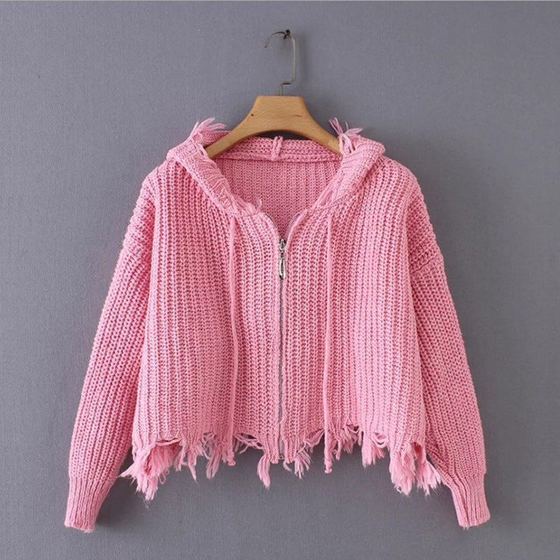 European And American Hooded Tassel Zipper Sweaters Coat