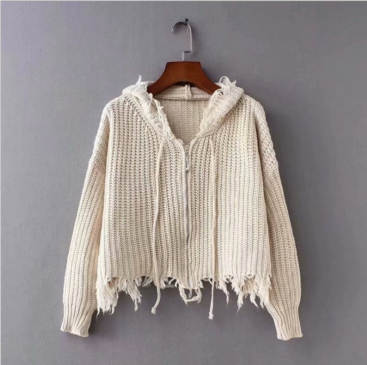 European And American Hooded Tassel Zipper Sweaters Coat