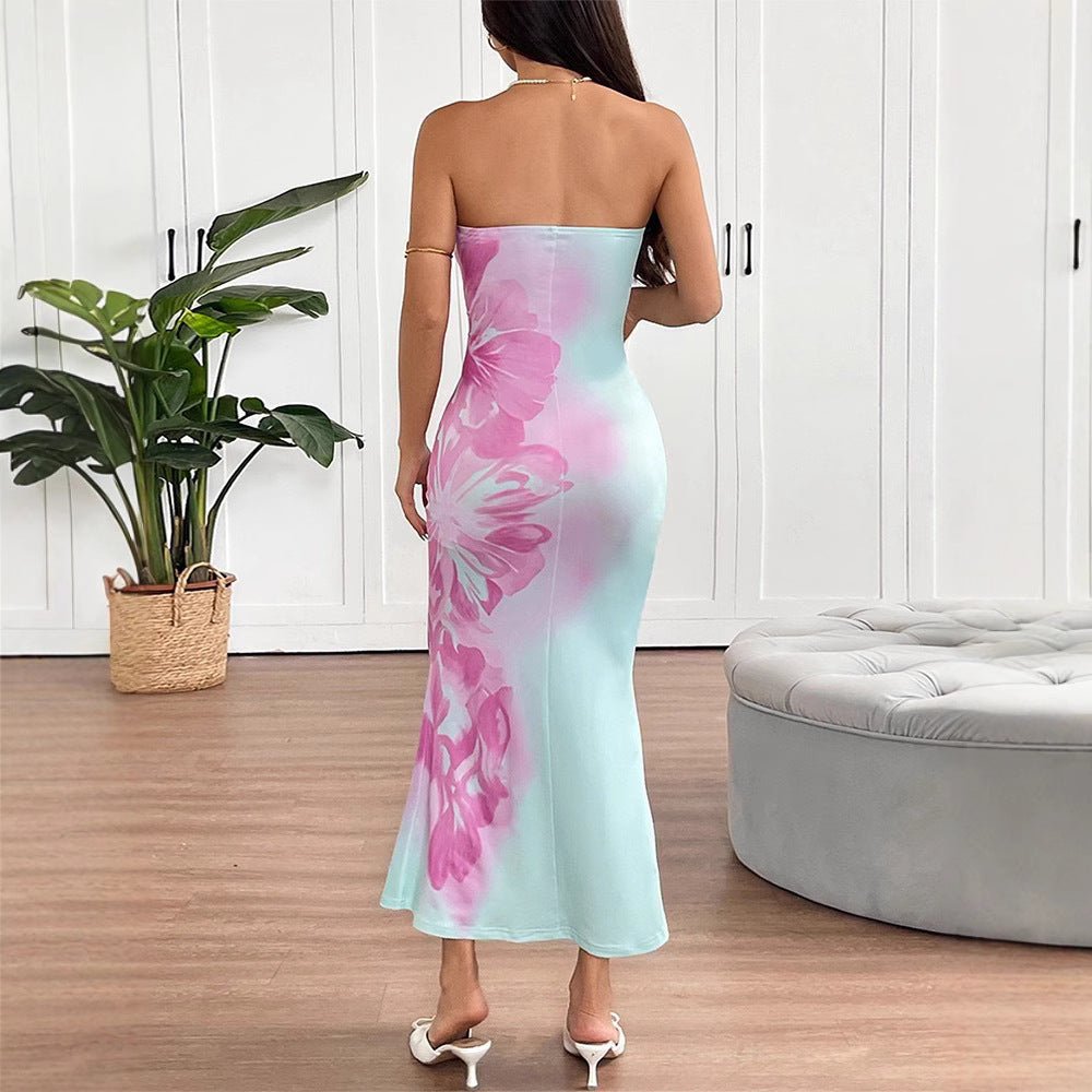 Tube-top Figure-hugging Color-block Printed Backless Hip-hugging Dress